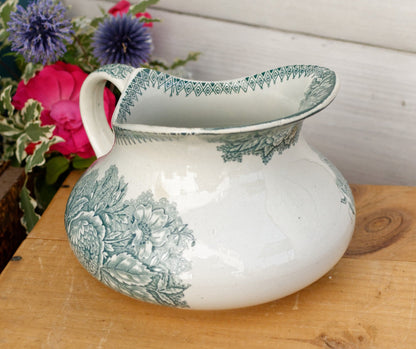 JARDINIERE Faienceries de Castres French Antique Collectible Ironstone Teal Green Blue Transferware Bathroom Pitcher BROC Terre de fer