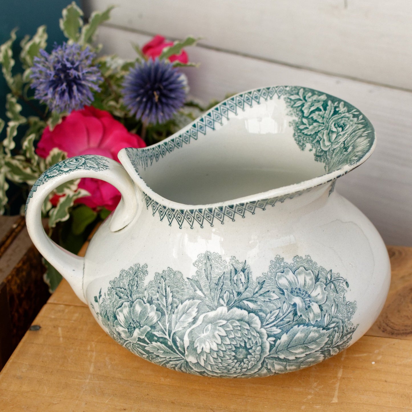 JARDINIERE Faienceries de Castres French Antique Collectible Ironstone Teal Green Blue Transferware Bathroom Pitcher BROC Terre de fer