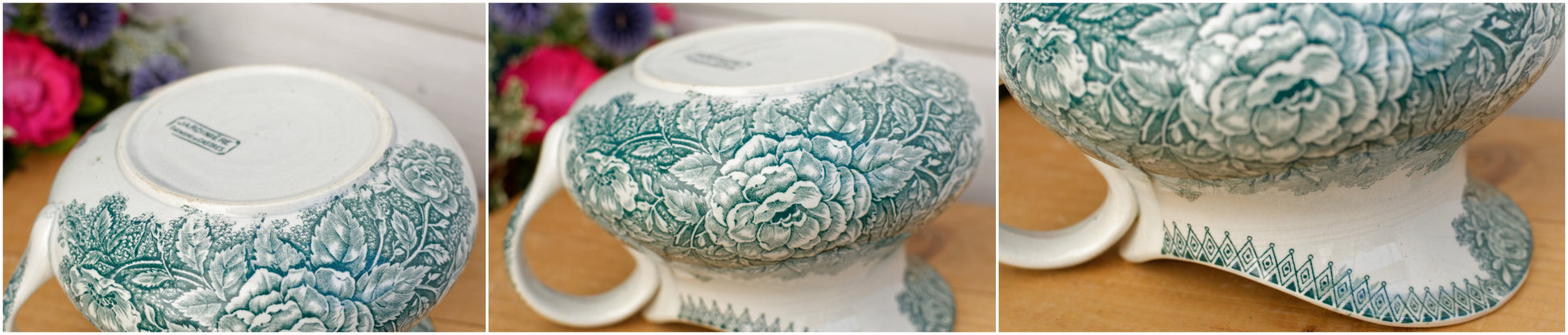 JARDINIERE Faienceries de Castres French Antique Collectible Ironstone Teal Green Blue Transferware Bathroom Pitcher BROC Terre de fer