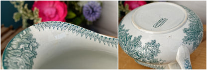JARDINIERE Faienceries de Castres French Antique Collectible Ironstone Teal Green Blue Transferware Bathroom Pitcher BROC Terre de fer
