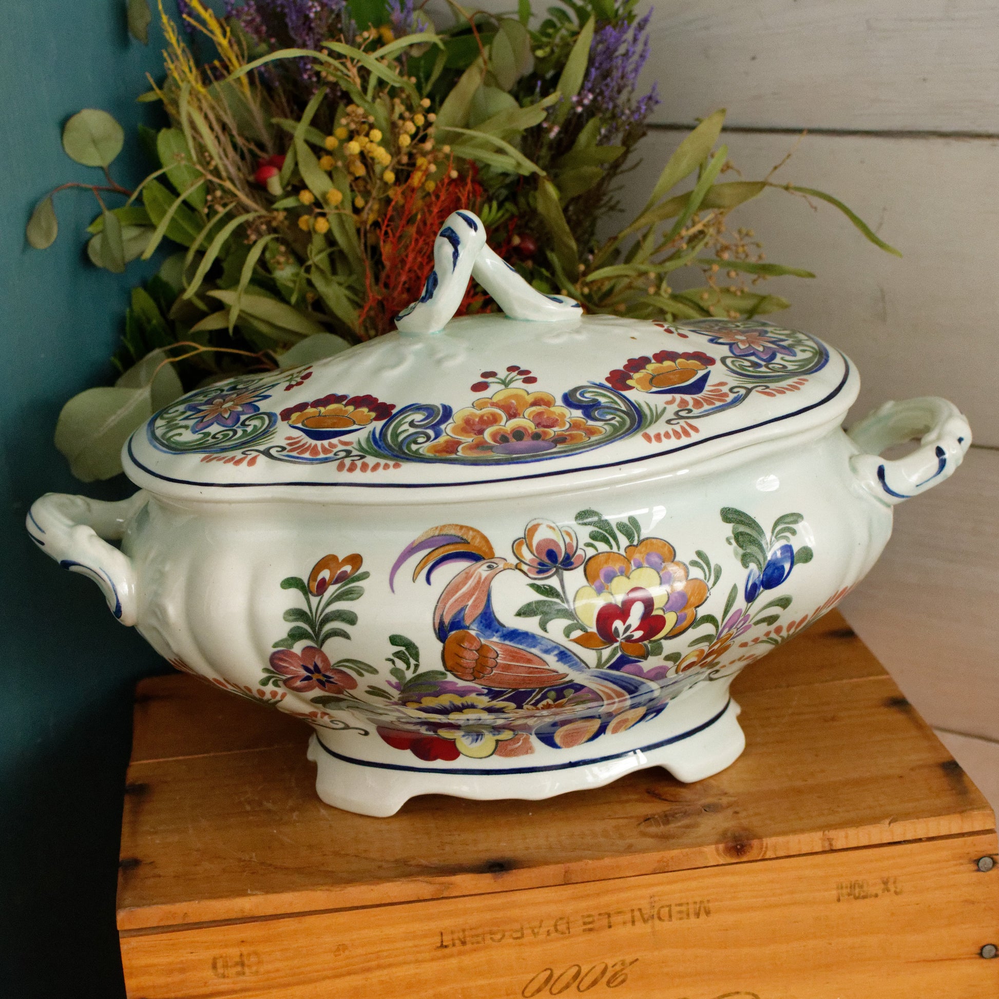 POLYCHROME Boch Belgium Belgian Vintage Ironstone Polychrome Large Serving Tureen Terre de Fer en Faience