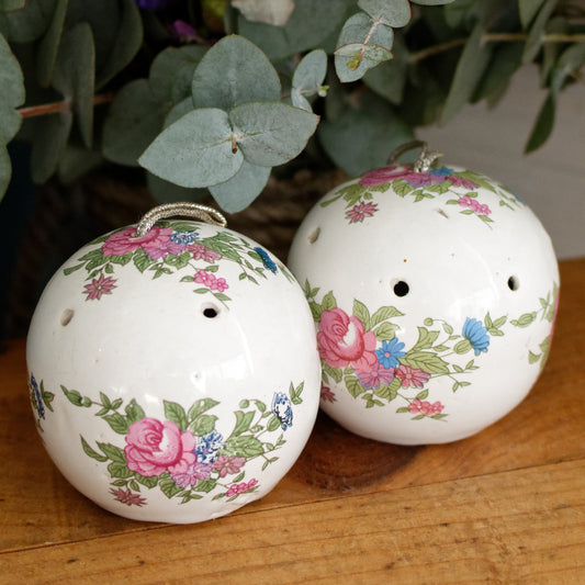 French Vintage Fine Porcelain POMANDER Ceramic Hanging Potpourri Scented Diffuser Balls Set of 2 Floral Ornaments