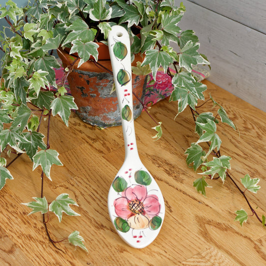 French Vintage Floral Porcelain Large Serving Spoon Hand-Painted Hanging Spoon Cuillère de Service Faience Terre de Fer