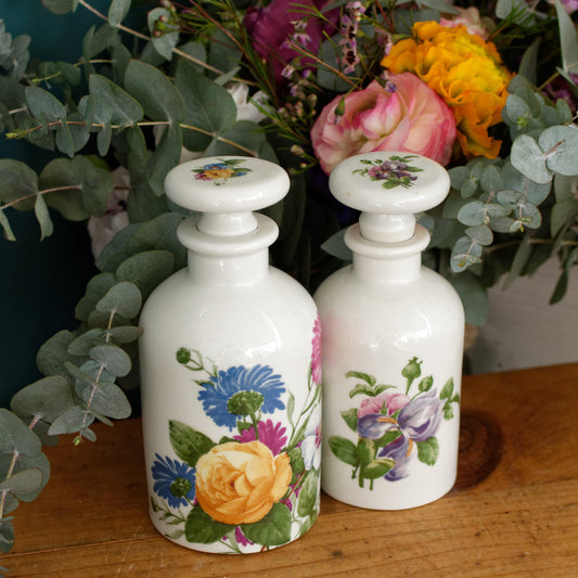 French Vintage Fine Porcelain Porcelaine de Paris, FRANCE Set of 2 Bathroom Cosmetic Vanity Bottles w/ Cap Flacon Toilette Décor Floral
