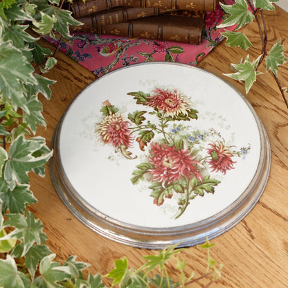 French Vintage Ironstone TRIVET Hot Plate with Metal Base Dessous Plat Faience Round Ceramic Porcelain Floral Pot Stand