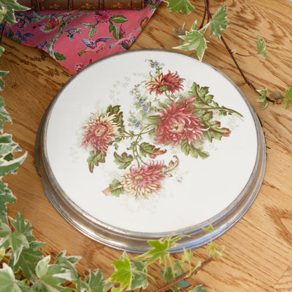 French Vintage Ironstone TRIVET Hot Plate with Metal Base Dessous Plat Faience Round Ceramic Porcelain Floral Pot Stand