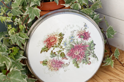 French Vintage Ironstone TRIVET Hot Plate with Metal Base Dessous Plat Faience Round Ceramic Porcelain Floral Pot Stand