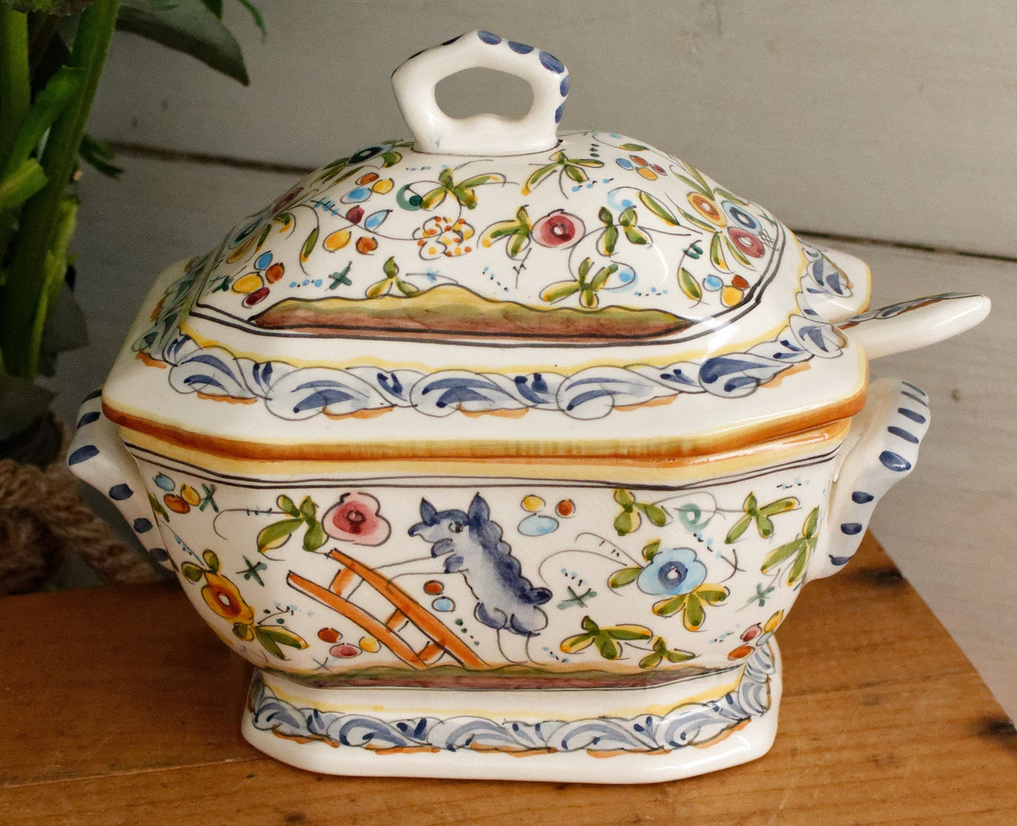 Portuguese Vintage Collectible Ceramica Ironstone Polychrome Covered Sauce Pot Gravy Pot & Spoon Ladle "Louche" Set