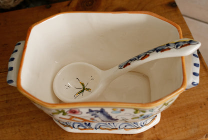 Portuguese Vintage Collectible Ceramica Ironstone Polychrome Covered Sauce Pot Gravy Pot & Spoon Ladle "Louche" Set