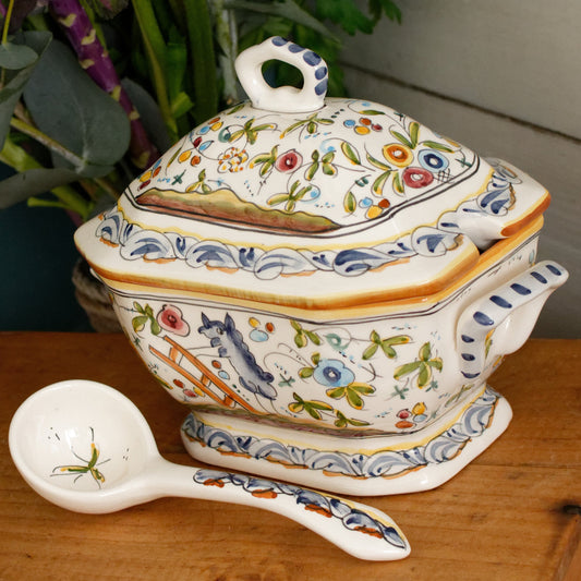 Portuguese Vintage Collectible Ceramica Ironstone Handpainted Covered Sauce Pot Gravy Pot & Spoon Ladle "Louche" Set