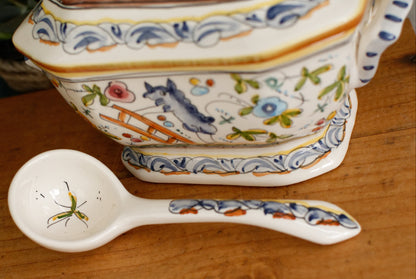Portuguese Vintage Collectible Ceramica Ironstone Handpainted Covered Sauce Pot Gravy Pot & Spoon Ladle "Louche" Set