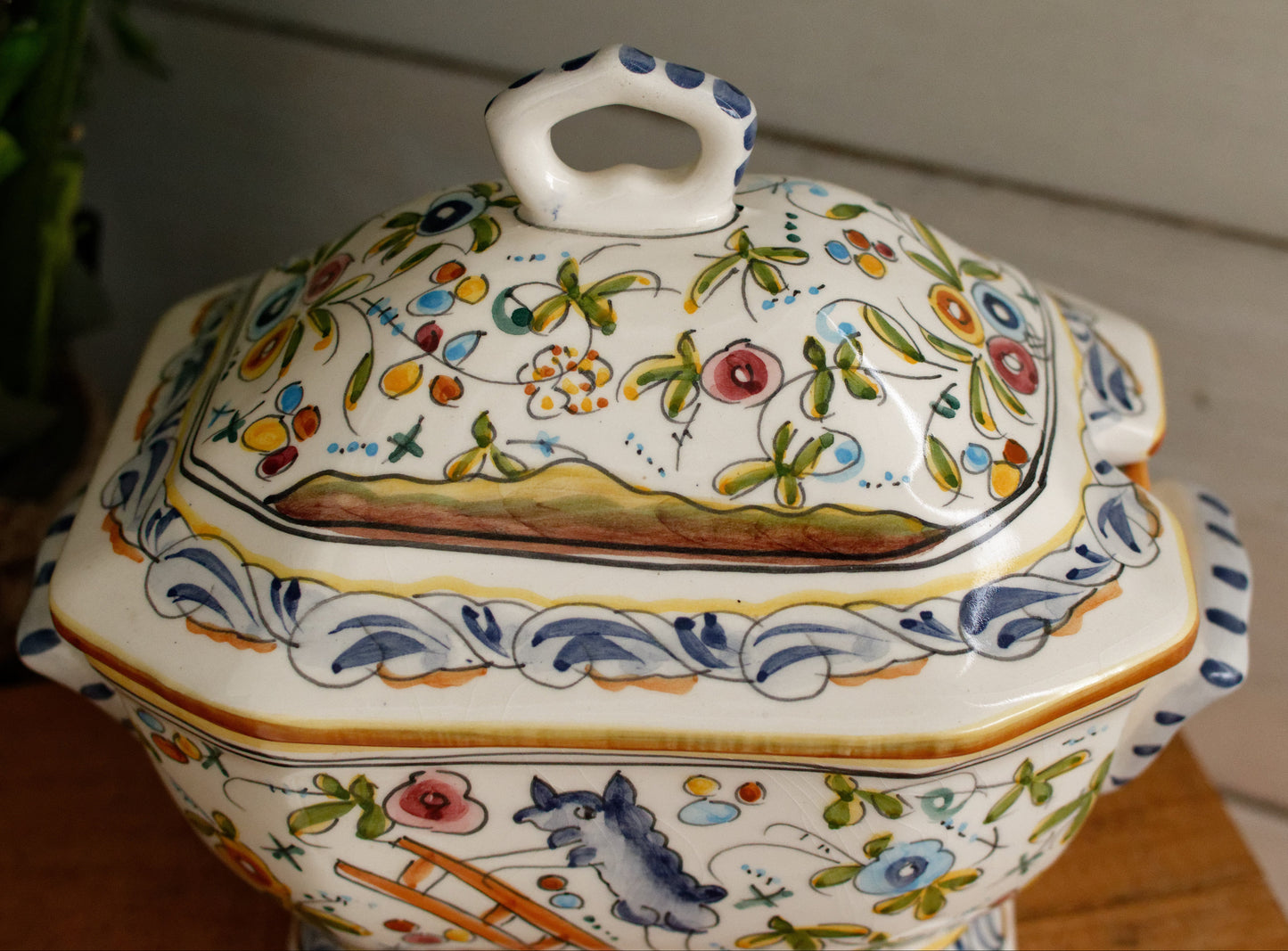 Portuguese Vintage Collectible Ceramica Ironstone Handpainted Covered Sauce Pot Gravy Pot & Spoon Ladle "Louche" Set