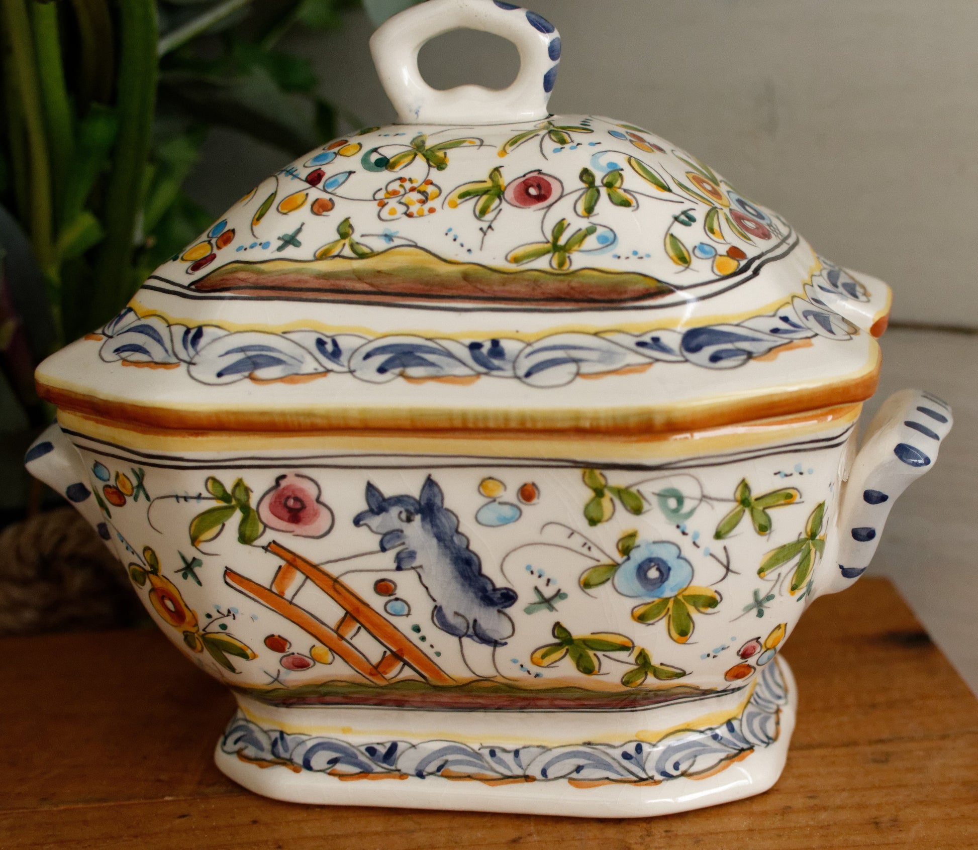 Portuguese Vintage Collectible Ceramica Ironstone Handpainted Covered Sauce Pot Gravy Pot & Spoon Ladle "Louche" Set