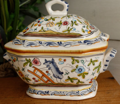 Portuguese Vintage Collectible Ceramica Ironstone Handpainted Covered Sauce Pot Gravy Pot & Spoon Ladle "Louche" Set