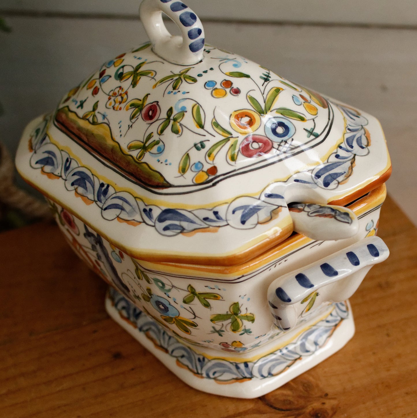Portuguese Vintage Collectible Ceramica Ironstone Polychrome Covered Sauce Pot Gravy Pot & Spoon Ladle "Louche" Set