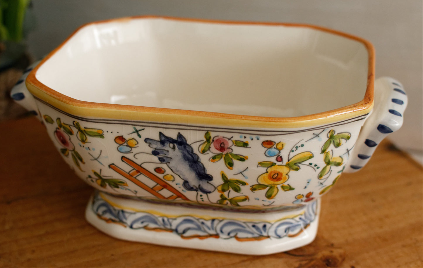 Portuguese Vintage Collectible Ceramica Ironstone Polychrome Covered Sauce Pot Gravy Pot & Spoon Ladle "Louche" Set