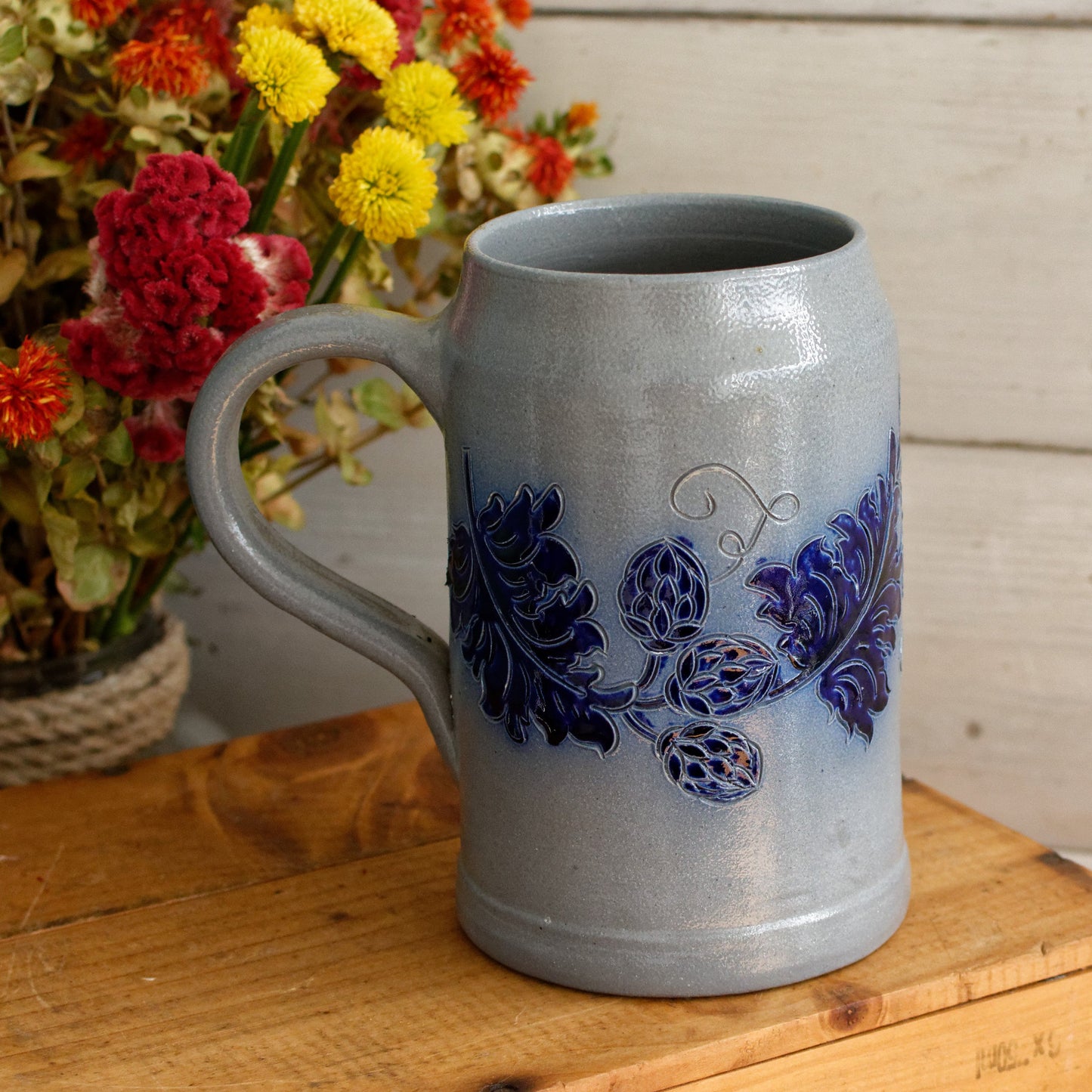1984 BRASSERIES Kronenbourg French Vintage Collectible Glazed Stoneware Beer Mug Stein "Chope a Biere"  1 Litre Signed Veritable BETSCHDORF Ges au Sel Gray & Cobalt Blue Embossed 