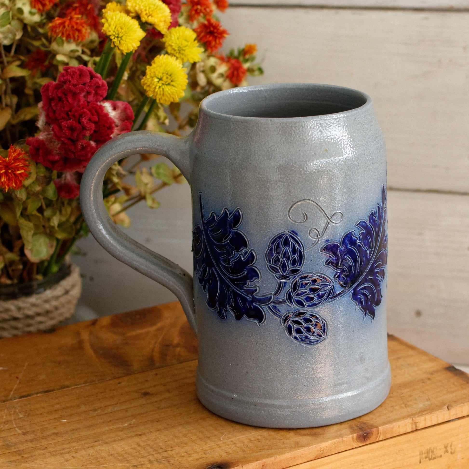 1984 BRASSERIES Kronenbourg French Vintage Collectible Glazed Stoneware Beer Mug Stein "Chope a Biere"  1 Litre Signed Veritable BETSCHDORF Ges au Sel Gray & Cobalt Blue Embossed 