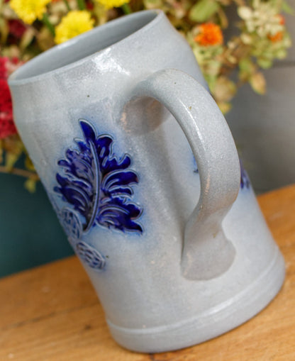 1984 ~ BRASSERIES Kronenbourg ~ French Vintage Collectible Glazed Stoneware Beer Mug Stein "Chope a Biere"  1 Litre ~ Signed Veritable BETSCHDORF Ges au Sel ~ Gray & Cobalt Blue Embossed Leaves