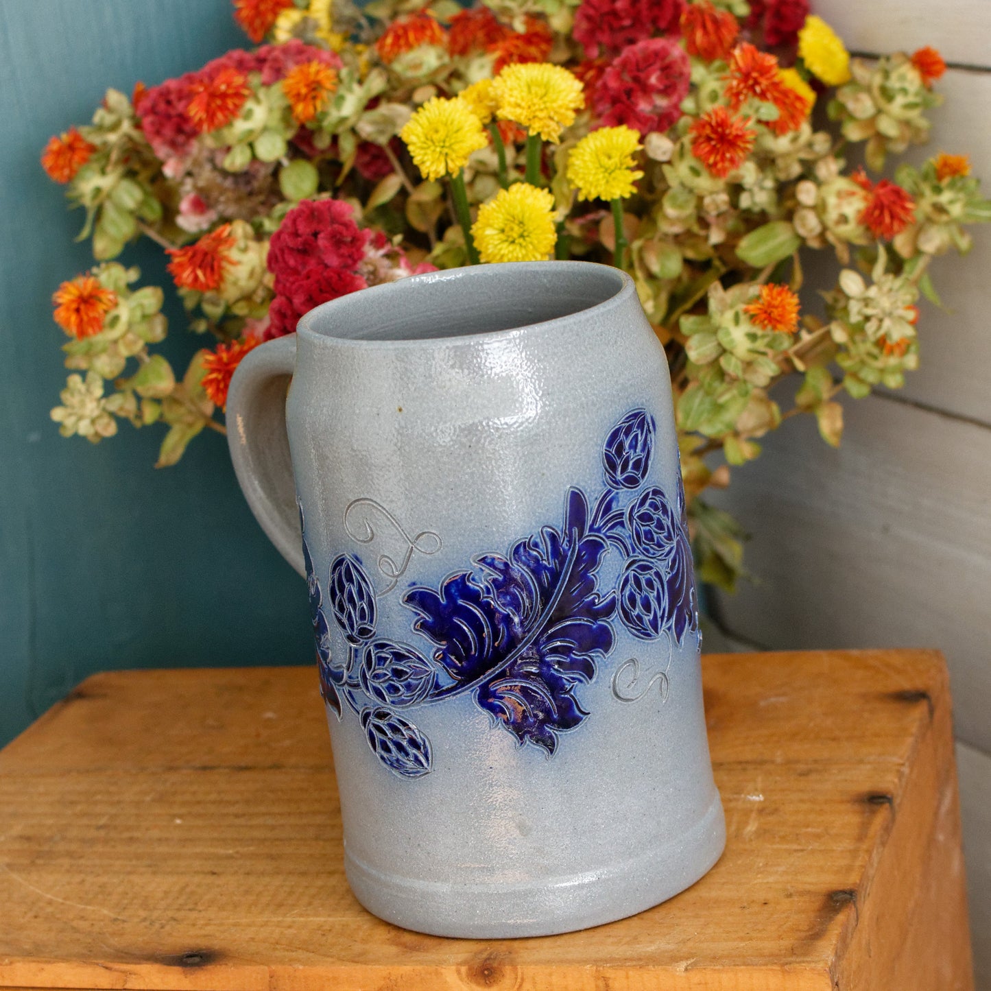 1984 BRASSERIES Kronenbourg French Vintage Collectible Glazed Stoneware Beer Mug Stein "Chope a Biere"  1 Litre Signed Veritable BETSCHDORF Ges au Sel Gray & Cobalt Blue Embossed 