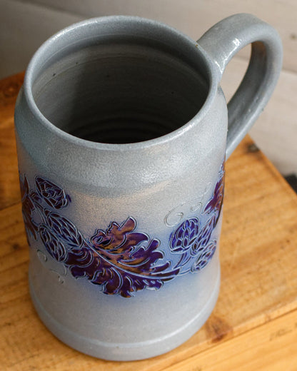 1984 ~ BRASSERIES Kronenbourg ~ French Vintage Collectible Glazed Stoneware Beer Mug Stein "Chope a Biere"  1 Litre ~ Signed Veritable BETSCHDORF Ges au Sel ~ Gray & Cobalt Blue Embossed Leaves
