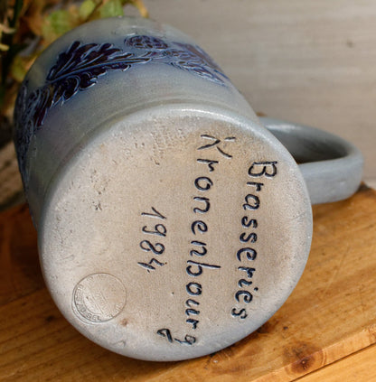 1984 ~ BRASSERIES Kronenbourg ~ French Vintage Collectible Glazed Stoneware Beer Mug Stein "Chope a Biere"  1 Litre ~ Signed Veritable BETSCHDORF Ges au Sel ~ Gray & Cobalt Blue Embossed Leaves