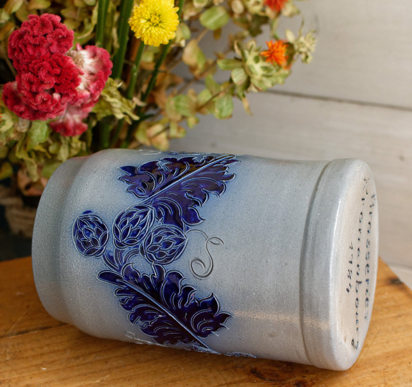1984 ~ BRASSERIES Kronenbourg ~ French Vintage Collectible Glazed Stoneware Beer Mug Stein "Chope a Biere"  1 Litre ~ Signed Veritable BETSCHDORF Ges au Sel ~ Gray & Cobalt Blue Embossed Leaves