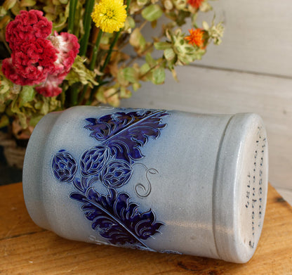 1984 ~ BRASSERIES Kronenbourg ~ French Vintage Collectible Glazed Stoneware Beer Mug Stein "Chope a Biere"  1 Litre ~ Signed Veritable BETSCHDORF Ges au Sel ~ Gray & Cobalt Blue Embossed Leaves