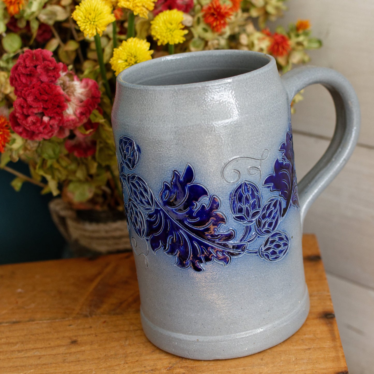 1984 BRASSERIES Kronenbourg French Vintage Collectible Glazed Stoneware Beer Mug Stein "Chope a Biere"  1 Litre Signed Veritable BETSCHDORF Ges au Sel Gray & Cobalt Blue Embossed 