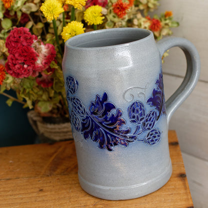 1984 BRASSERIES Kronenbourg French Vintage Collectible Glazed Stoneware Beer Mug Stein "Chope a Biere"  1 Litre Signed Veritable BETSCHDORF Ges au Sel Gray & Cobalt Blue Embossed 