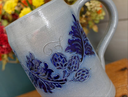 1984 BRASSERIES Kronenbourg French Vintage Collectible Glazed Stoneware Beer Mug Stein "Chope a Biere"  1 Litre Signed Veritable BETSCHDORF Ges au Sel Gray & Cobalt Blue Embossed 