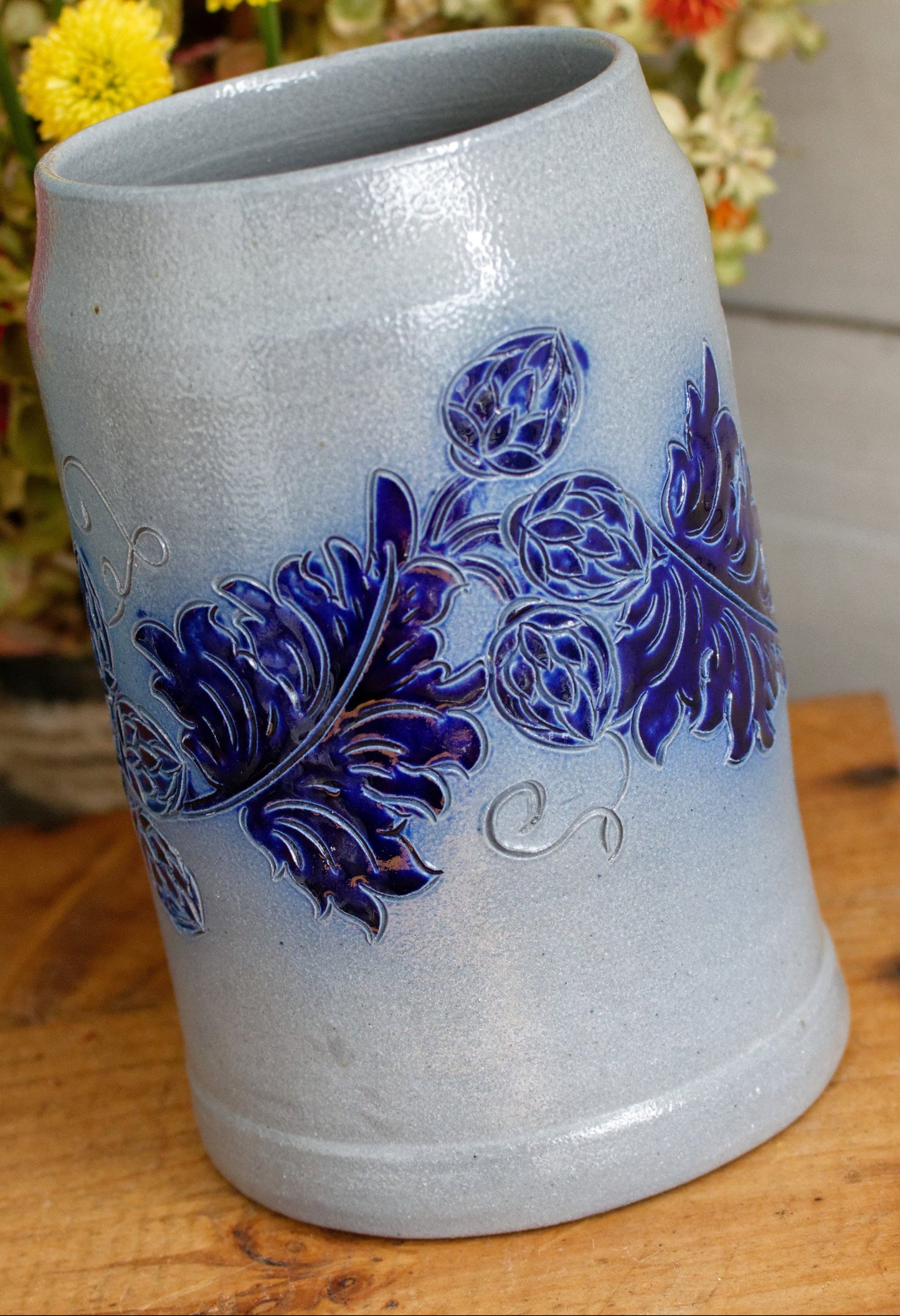 1984 BRASSERIES Kronenbourg French Vintage Collectible Glazed Stoneware Beer Mug Stein "Chope a Biere"  1 Litre Signed Veritable BETSCHDORF Ges au Sel Gray & Cobalt Blue Embossed 