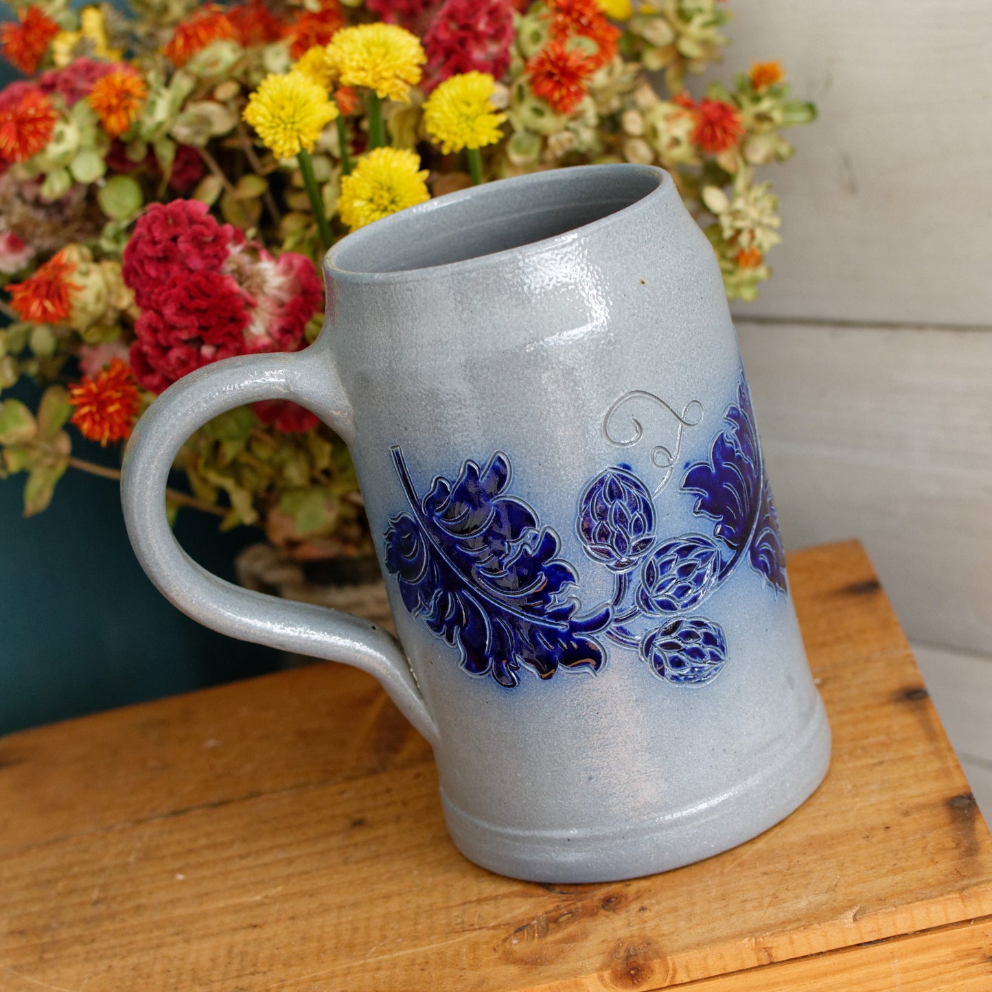 1984 BRASSERIES Kronenbourg French Vintage Collectible Glazed Stoneware Beer Mug Stein "Chope a Biere"  1 Litre Signed Veritable BETSCHDORF Ges au Sel Gray & Cobalt Blue Embossed Leaves