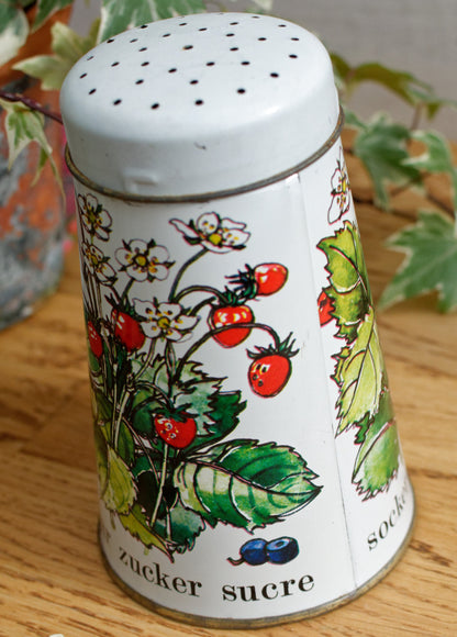 Regency Ware Made in England English Vintage Collectible Aluminum Powdered Sugar Shaker Canister Tin Fruit Scene of Strawberries & Blueberries