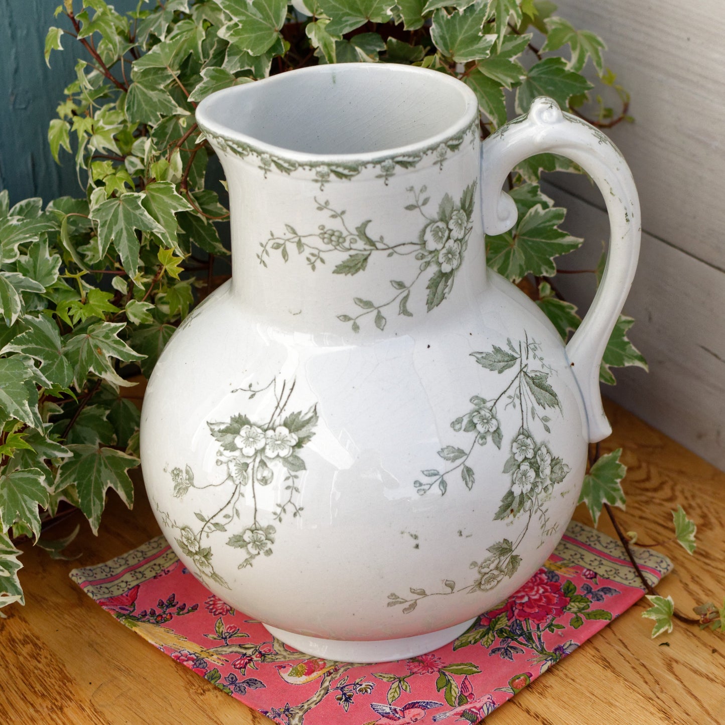 ROSETTE Saint Amand & Hamage S.F.N.G.R French Antique Collectible Ironstone Green Transferware Bathroom Pitcher BROC Terre de fer