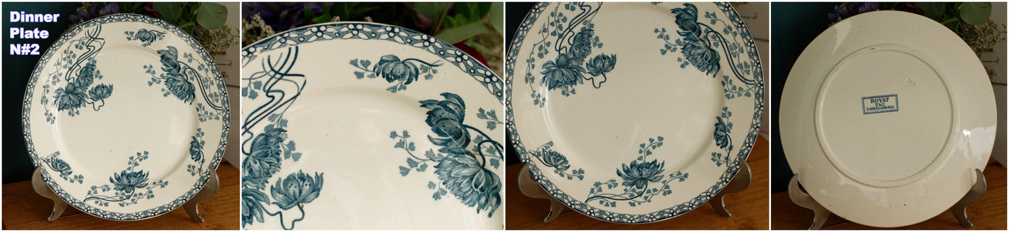 1900年代～「ROYAT」 SARREGUEMINES U&amp;C～フランスアンティーク アイアンストーンブルー トランスファーウェア ディナープレート～テール・ド・フェール