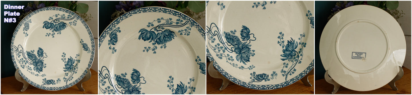 1900年代～「ROYAT」 SARREGUEMINES U&amp;C～フランスアンティーク アイアンストーンブルー トランスファーウェア ディナープレート～テール・ド・フェール