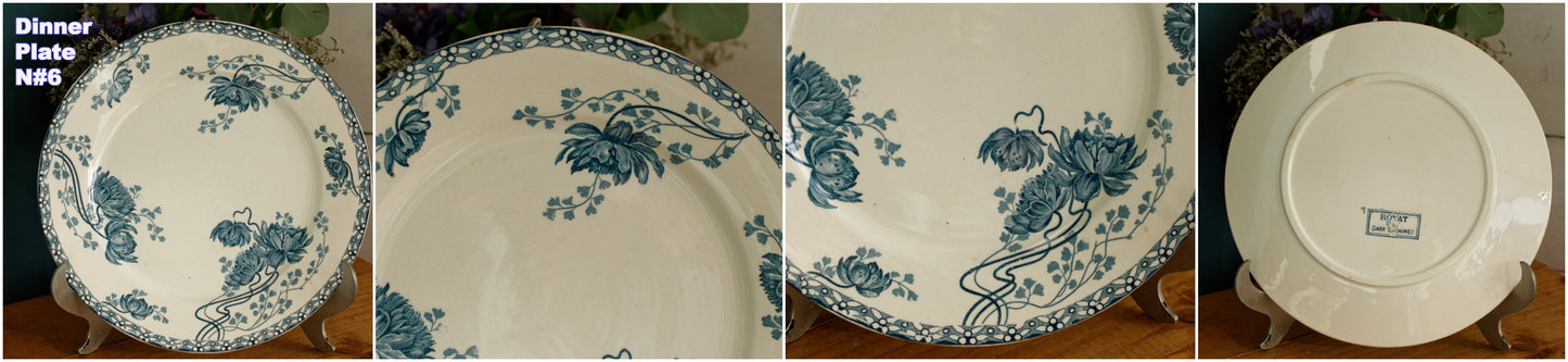 1900年代～「ROYAT」 SARREGUEMINES U&amp;C～フランスアンティーク アイアンストーンブルー トランスファーウェア ディナープレート～テール・ド・フェール