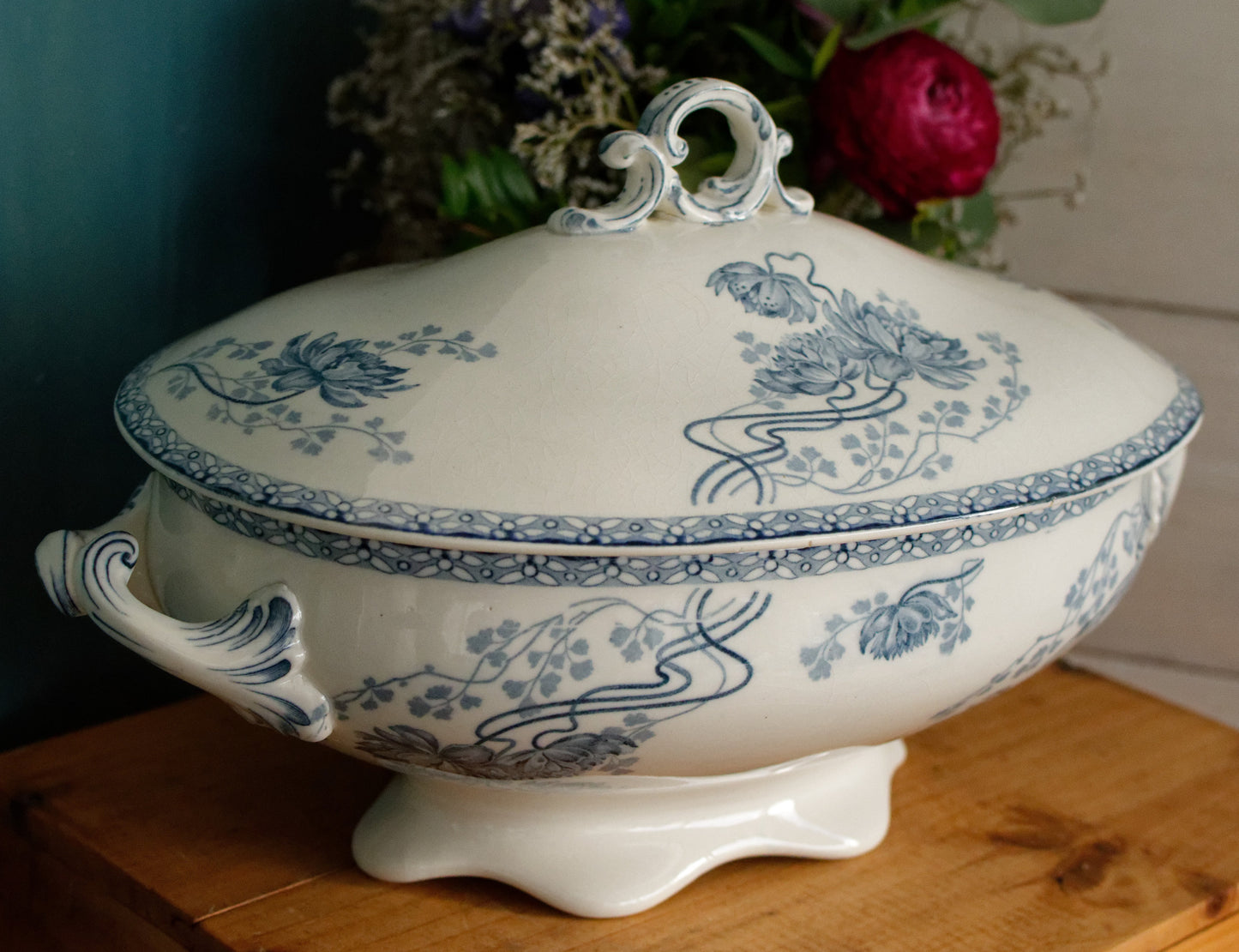 ROYAT Motif Sarreguemines U&C Blue Transferware French Ironstone Oval Soup Tureen Soupiere Faience Terre de fer