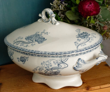 ROYAT Motif Sarreguemines U&C Blue Transferware French Ironstone Oval Soup Tureen Soupiere Faience Terre de fer