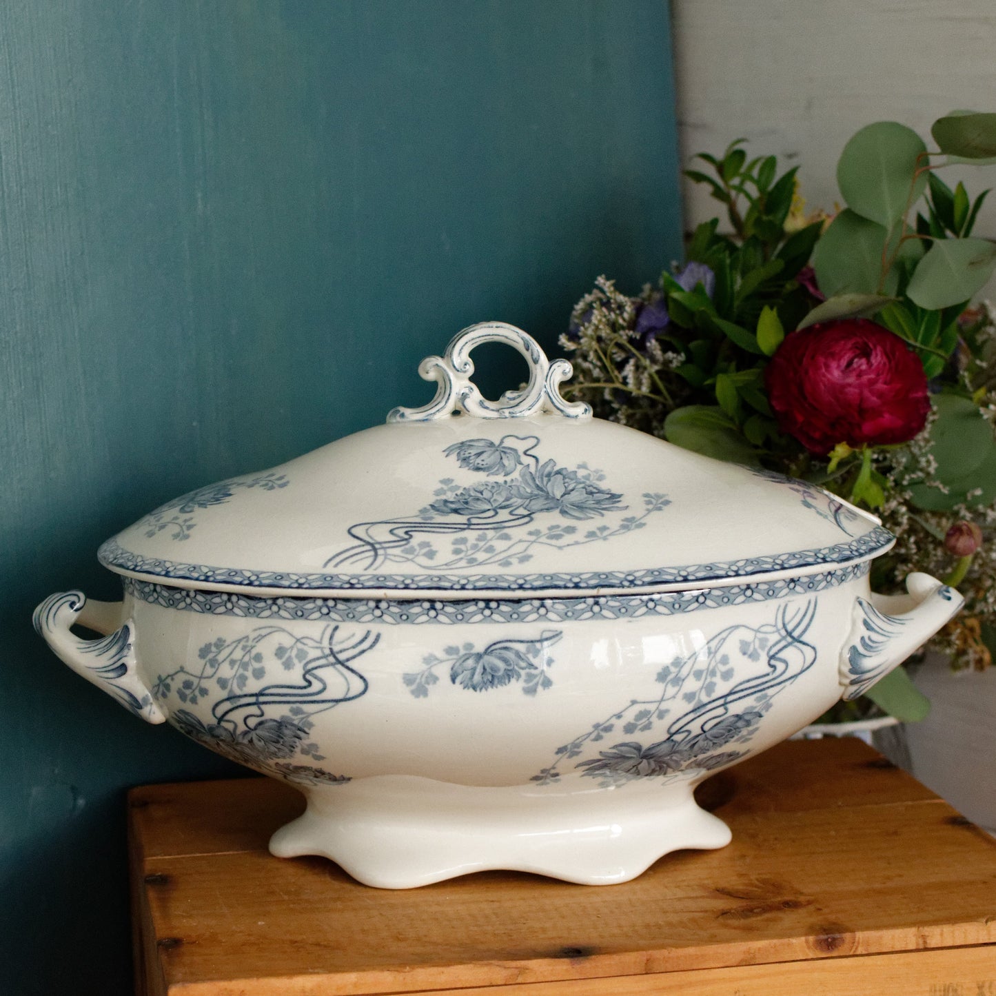 ROYAT Motif Sarreguemines U&C Blue Transferware French Ironstone Oval Soup Tureen Soupiere Faience Terre de fer