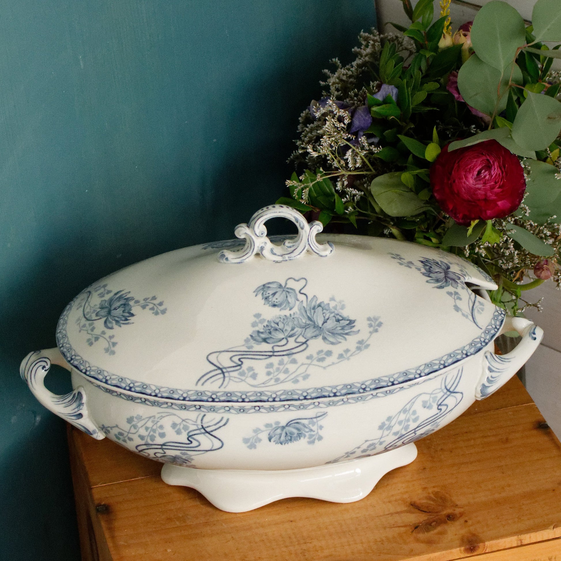 ROYAT Motif Sarreguemines U&C Blue Transferware French Ironstone Oval Soup Tureen Soupiere Faience Terre de fer
