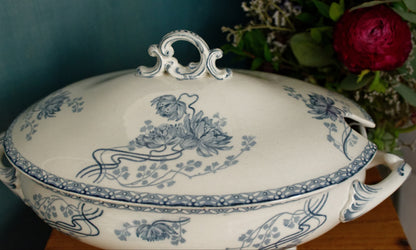 ROYAT Motif Sarreguemines U&C Blue Transferware French Ironstone Oval Soup Tureen Soupiere Faience Terre de fer