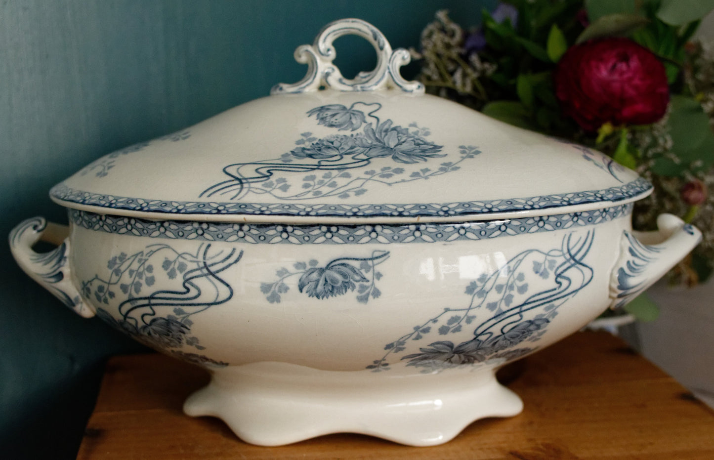 ROYAT Motif Sarreguemines U&C Blue Transferware French Ironstone Oval Soup Tureen Soupiere Faience Terre de fer