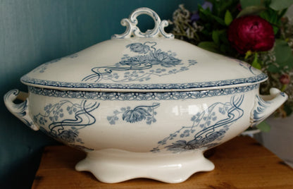 ROYAT Motif Sarreguemines U&C Blue Transferware French Ironstone Oval Soup Tureen Soupiere Faience Terre de fer