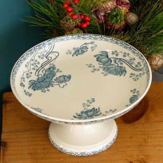 ROYAT Sarreguemines U&C French Antique Ironstone Blue Transferware Footed Fruit Bowl COMPOTIER Terre de Fer en Faience