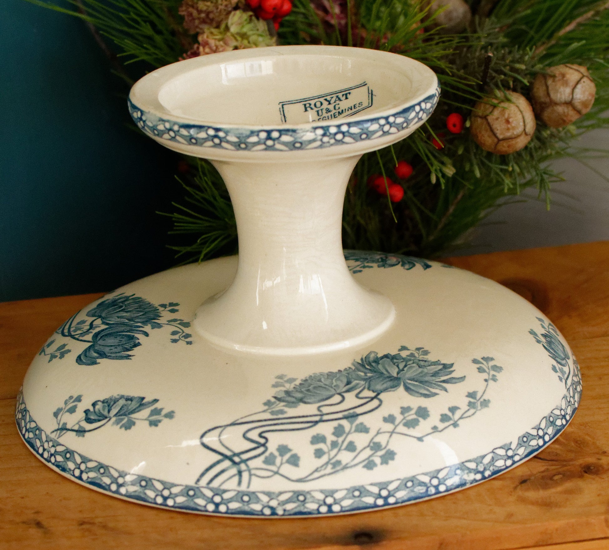 ROYAT Sarreguemines U&C French Antique Ironstone Blue Transferware Footed Fruit Bowl COMPOTIER Terre de Fer en Faience