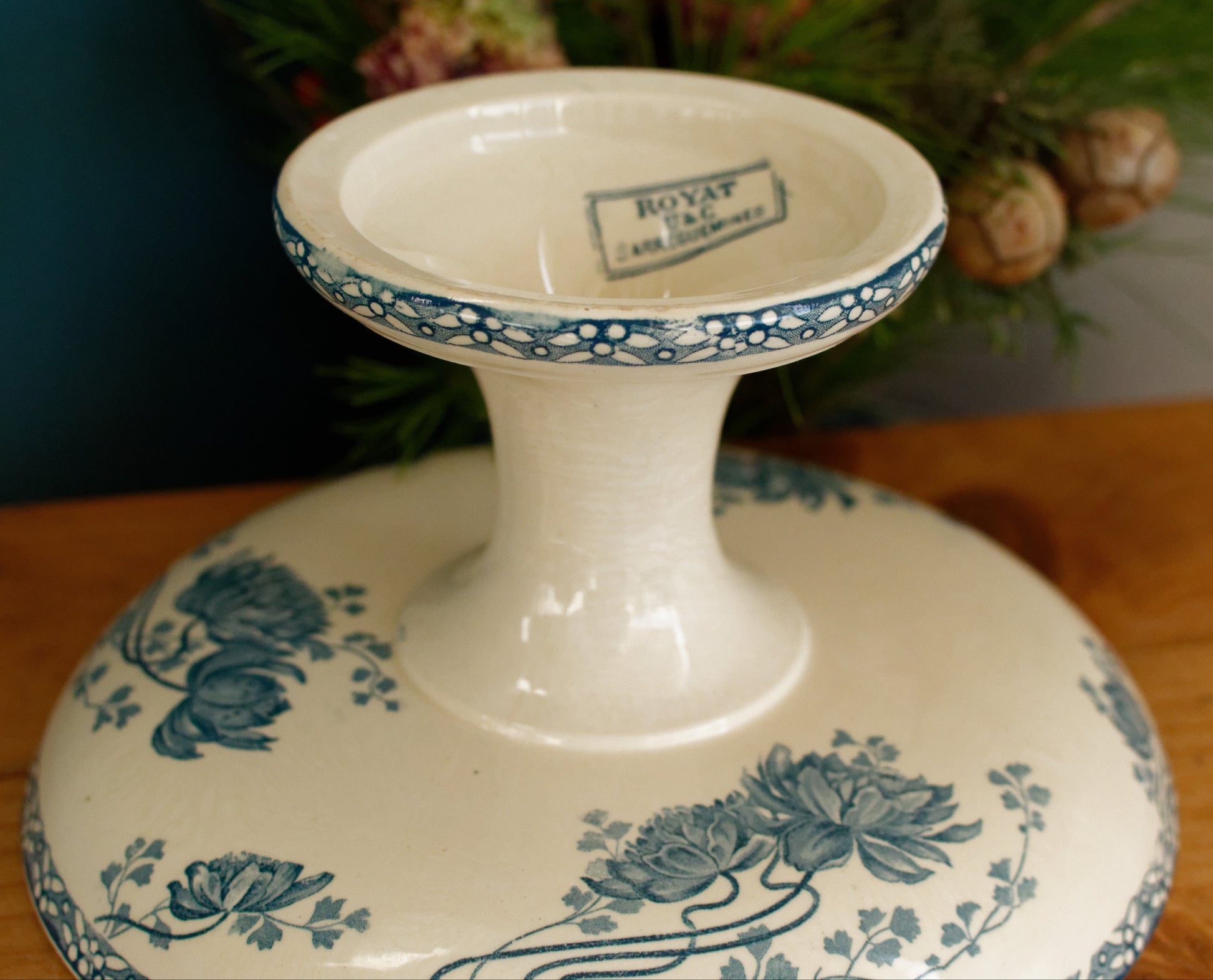 ROYAT Sarreguemines U&C French Antique Ironstone Blue Transferware Footed Fruit Bowl COMPOTIER Terre de Fer en Faience