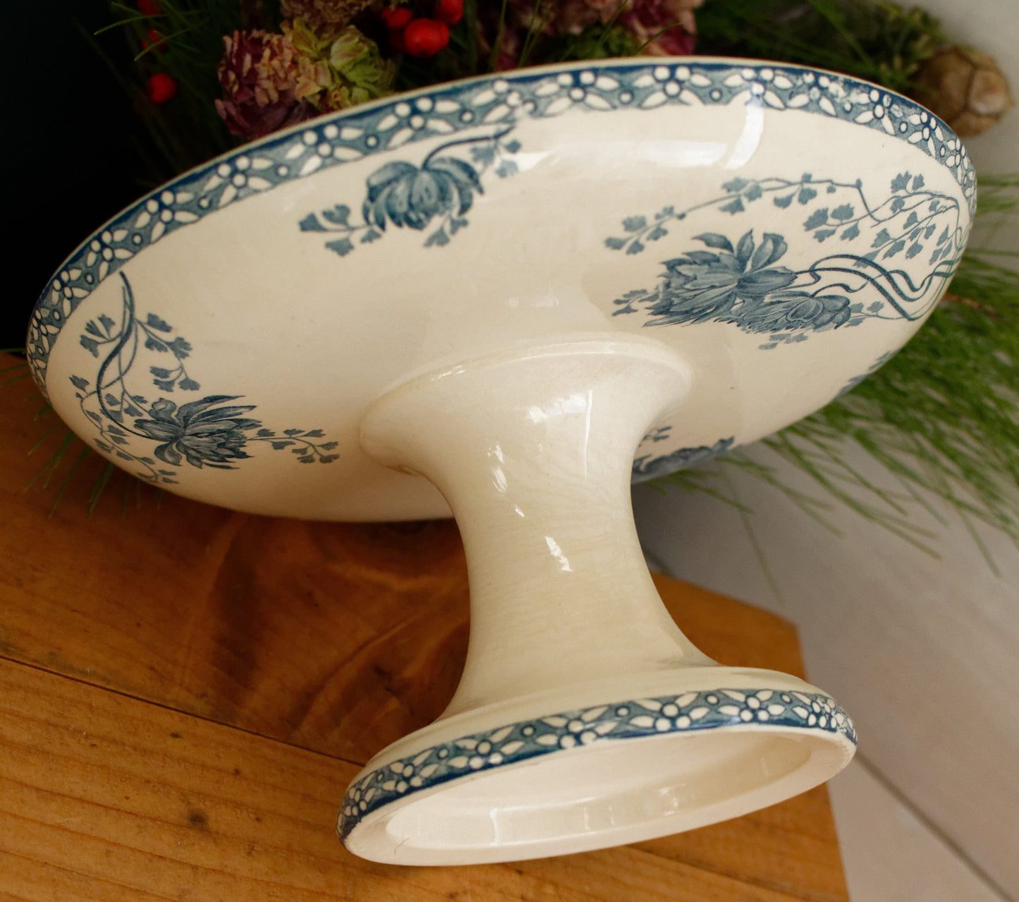 ROYAT Sarreguemines U&C French Antique Ironstone Blue Transferware Footed Fruit Bowl COMPOTIER Terre de Fer en Faience