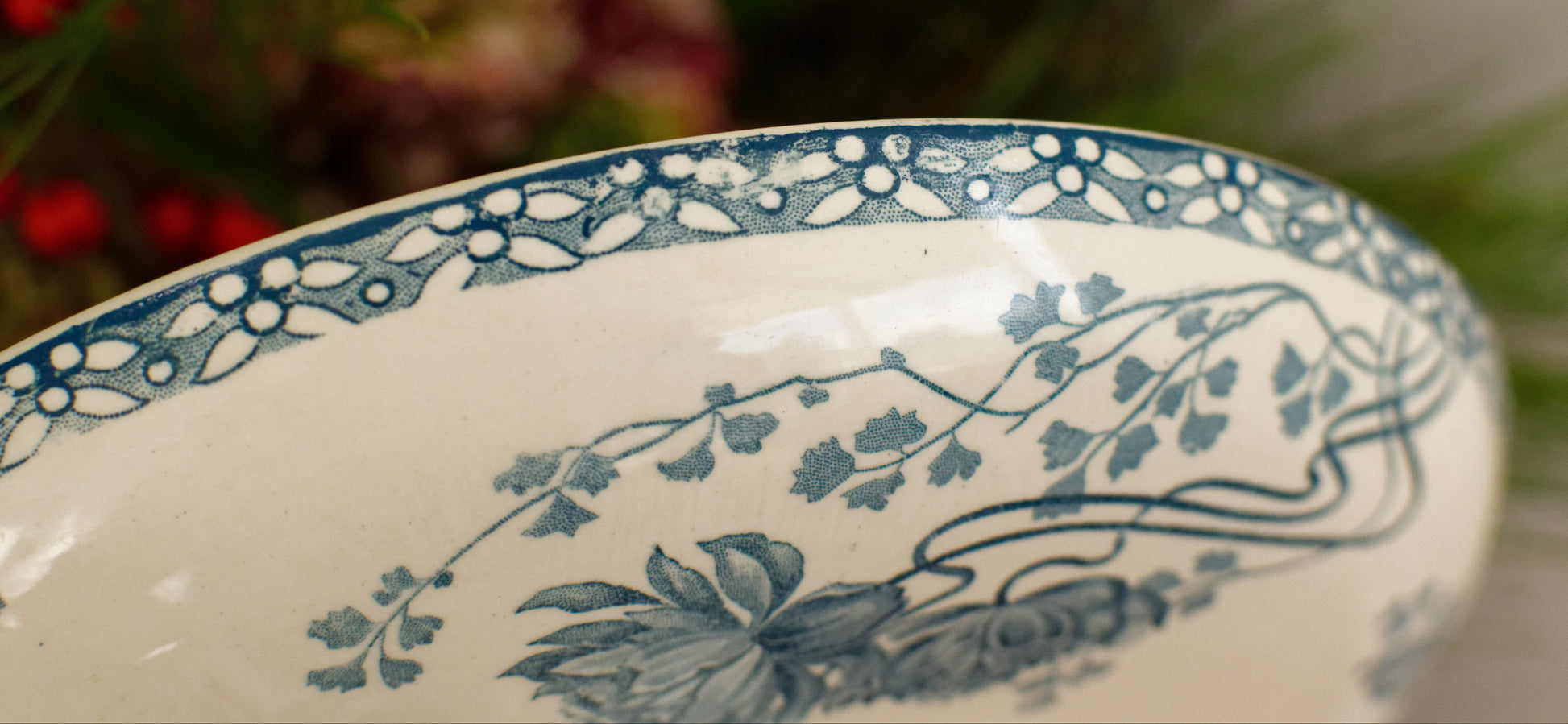 ROYAT Sarreguemines U&C French Antique Ironstone Blue Transferware Footed Fruit Bowl COMPOTIER Terre de Fer en Faience
